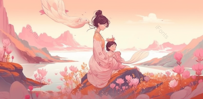 春天插画古风艺术母亲节亲子花丛手绘场景背景,插画/手绘图,插画/手绘图库,插画/手绘图下载,插画/手绘